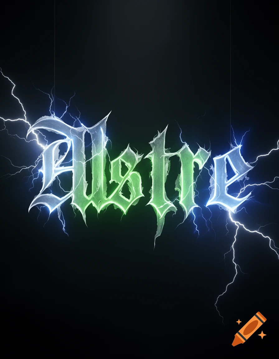A gothic word 'Alstre' with green glow inside and outlines of white lightning with blue neon on a black background.
