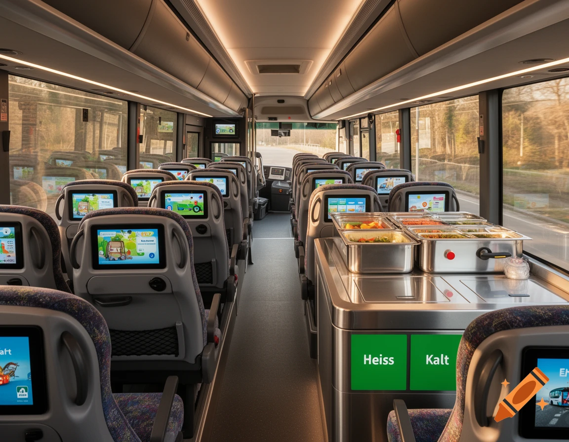 Interior of a modern passenger bus with rows of seats, individual screens, and a central catering station with hot and cold food sections.