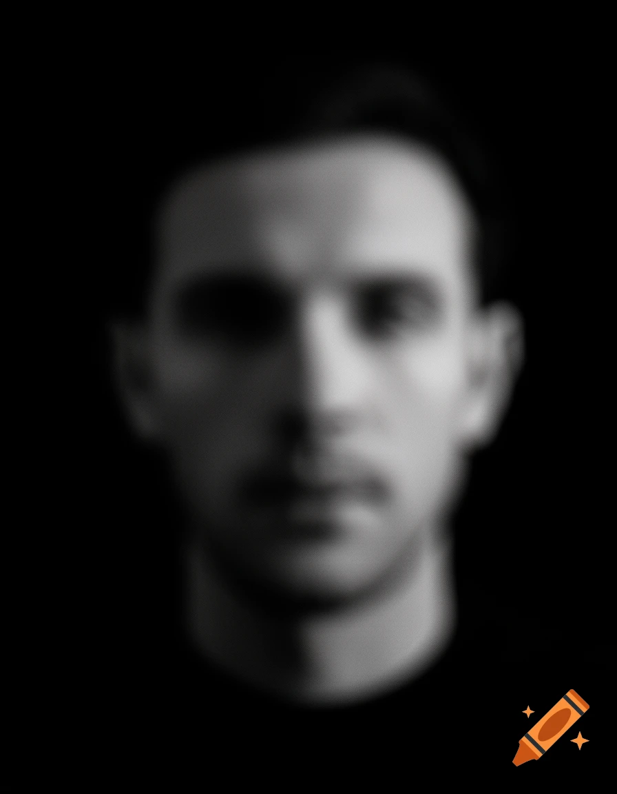 A heavily blurred, black and white portrait of a man's head against a dark background.