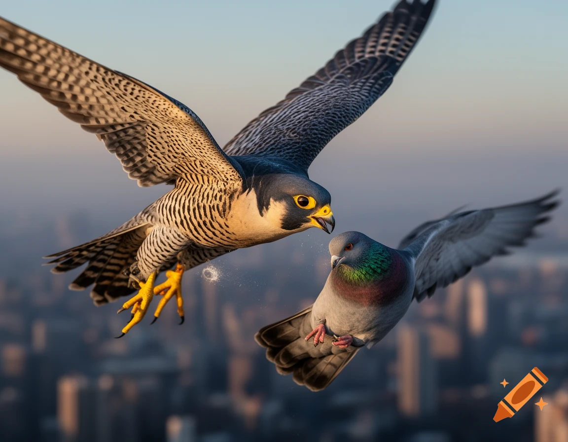 A peregrine falcon flies toward a pigeon with a city skyline blurred in the background, photorealistic.
