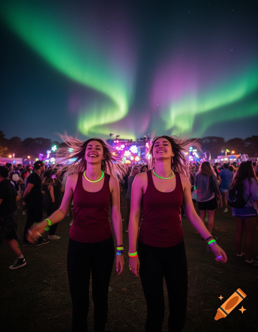 Two smiling women in maroon tank tops and glow jewelry stand under green and purple aurora lights at a vibrant night festival.