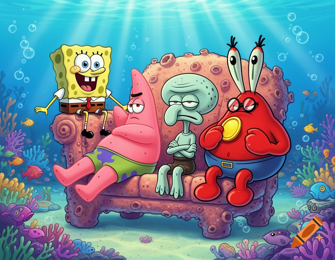 Cartoon SpongeBob, Patrick, Squidward, and Mr. Krabs sit on a coral couch underwater, surrounded by fish and coral.