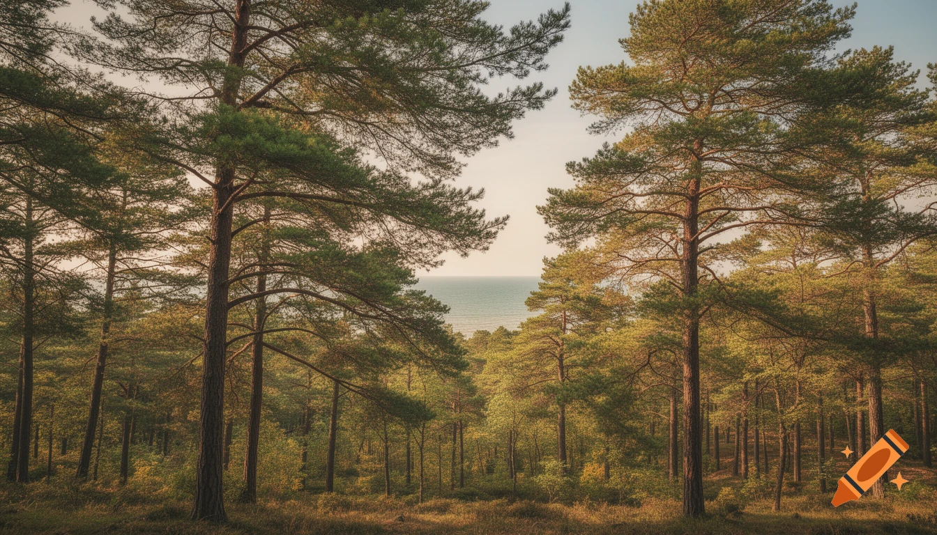 A serene view through a sunlit pine forest revealing a calm sea under a bright sky.