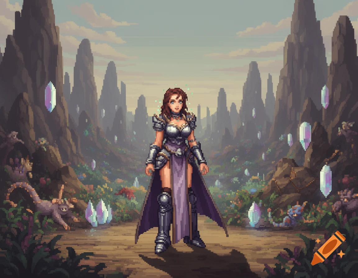 A pixel art depiction of a female warrior in silver armor and a purple skirt, standing in a rocky fantasy landscape with glowing crystals.