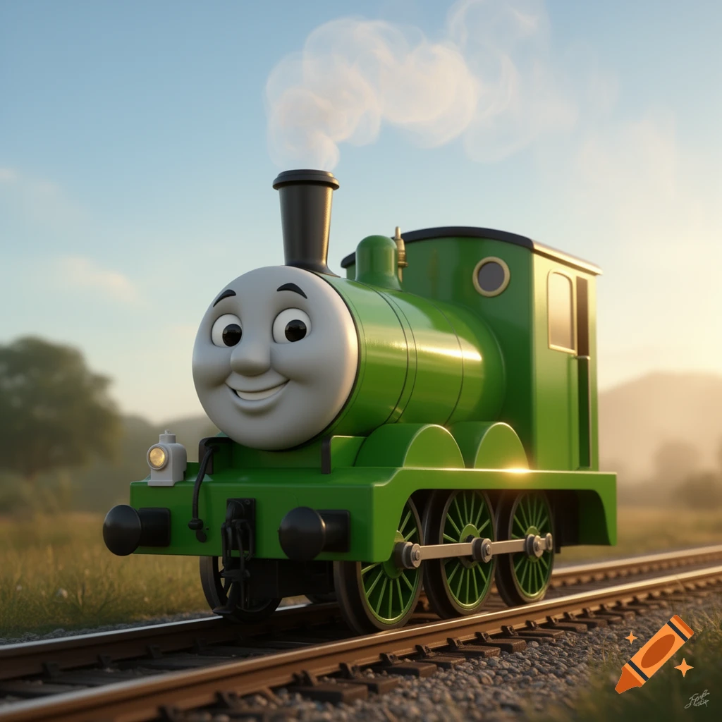 A smiling green cartoon train, resembling a character from Thomas & Friends, travels on a railway track through a sunny, grassy field.