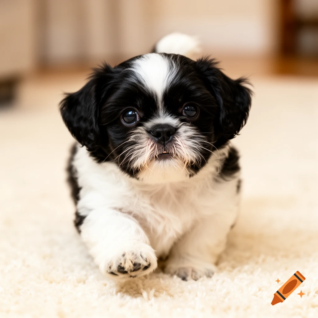 A cute black and white Shih Tzu puppy walking on a light carpet.