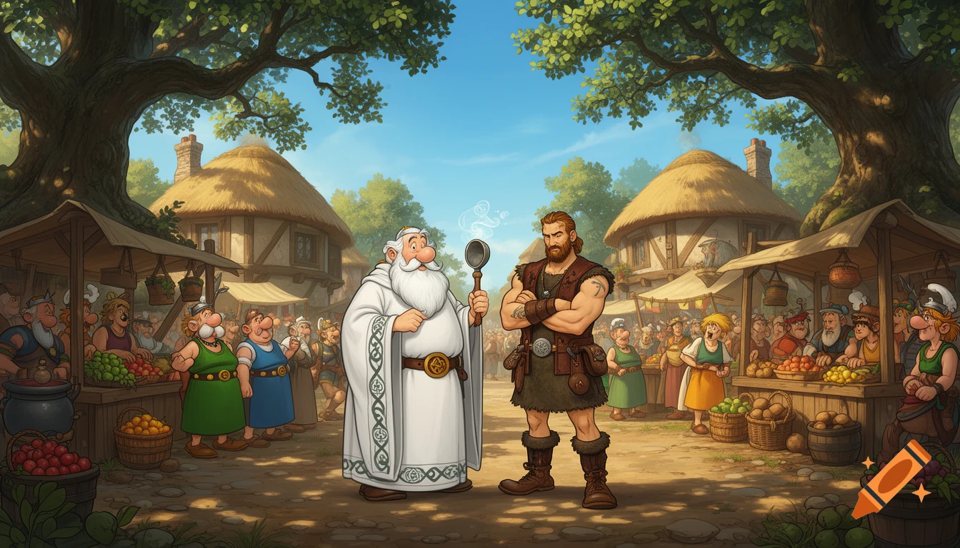 A cartoon image of a white-bearded druid holding a ladle and a muscular warrior with tattoos, standing in a busy Gaulish market.