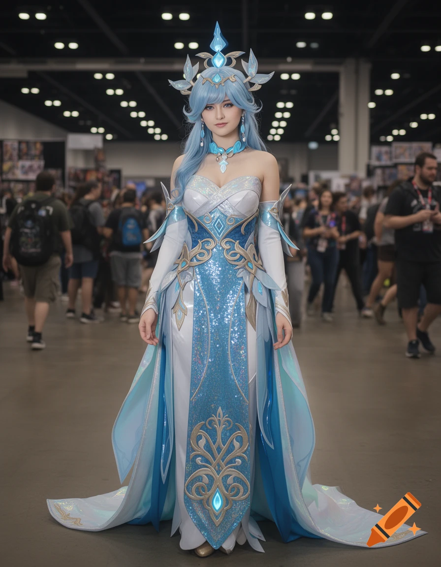 A woman in a blue and white fantasy-style cosplay costume with a crown and long blue hair stands in a convention hall.