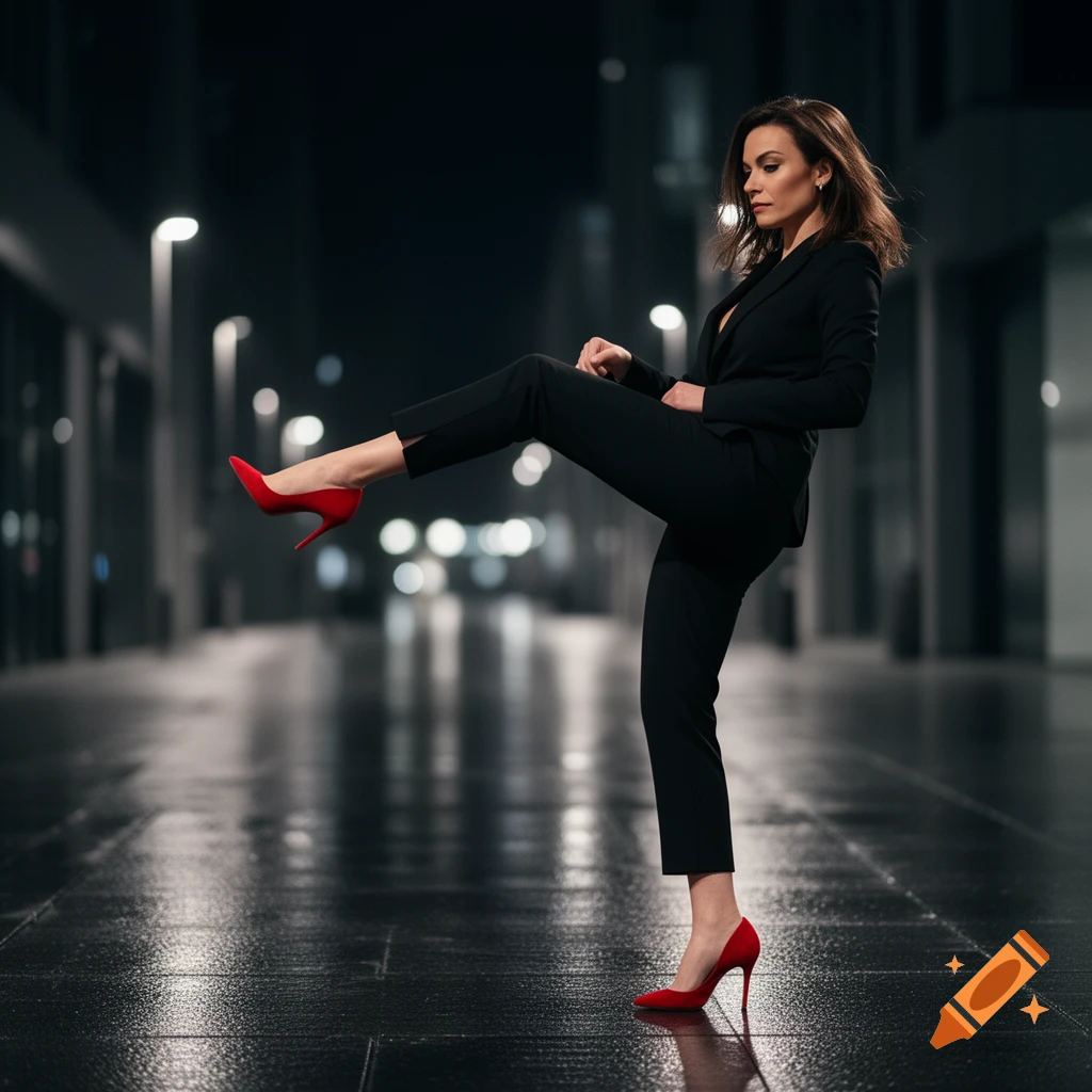Photorealistic image of a woman in a black suit and red heels high-kicking on a wet city street at night.