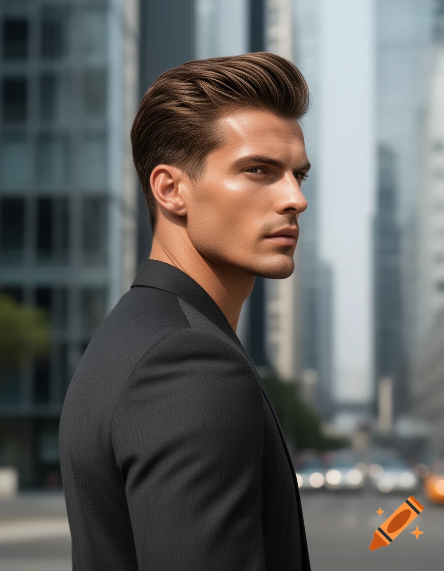 A handsome man in a dark suit with perfectly styled brown hair looks over his shoulder in an urban setting with blurred buildings and traffic.