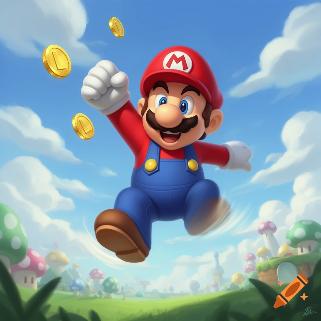 Mario, a cartoon character in red and blue overalls, jumps exuberantly, collecting golden coins in a vibrant, mushroom-filled landscape under a blue sky.