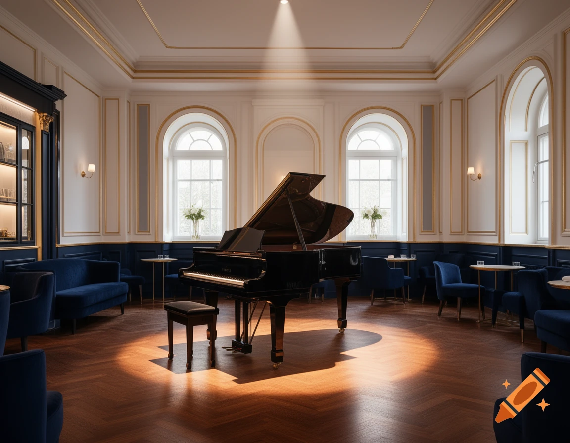 A luxurious piano lounge with a grand piano under a spotlight on a wooden floor, surrounded by navy velvet seating and gold accents.
