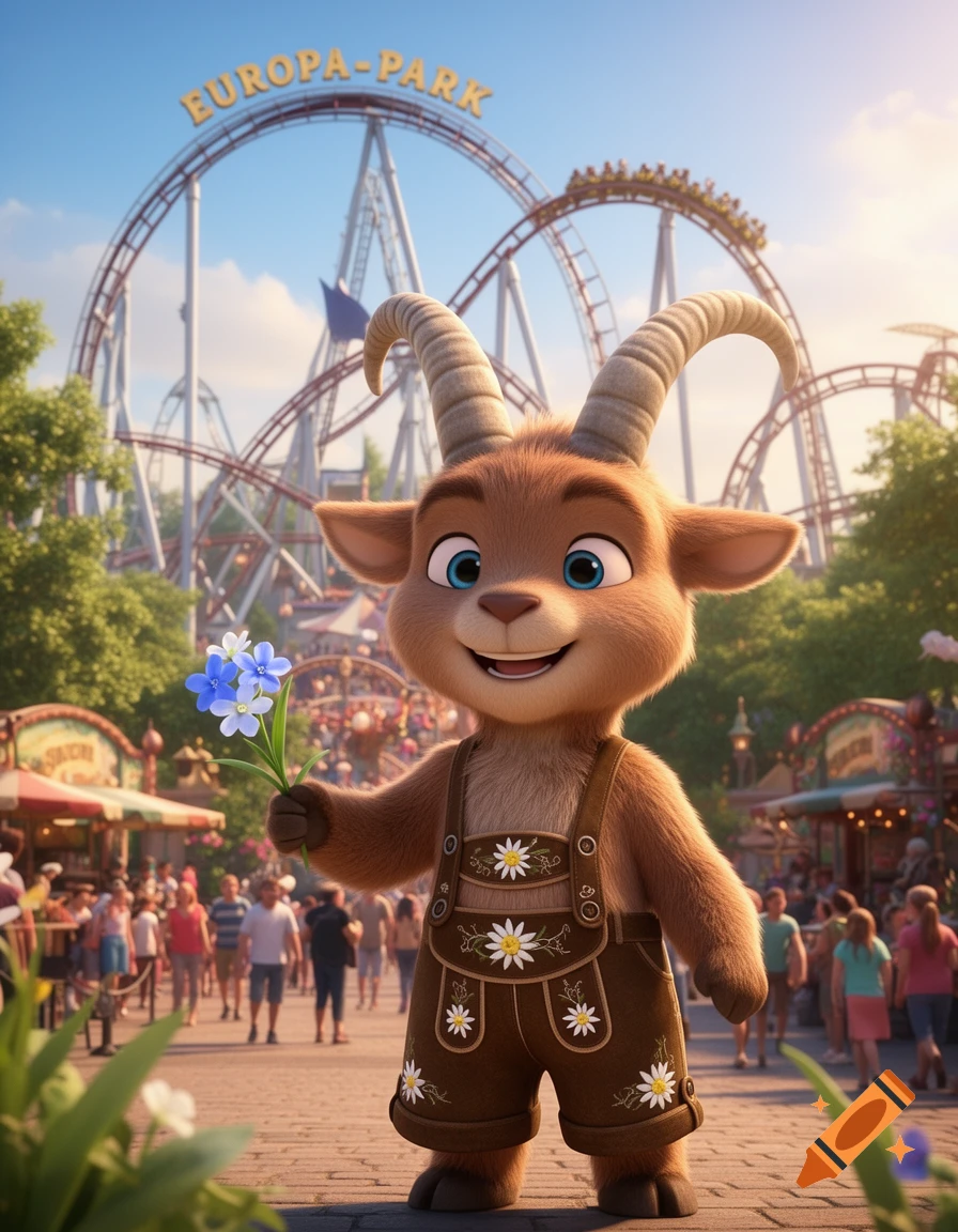 A friendly cartoon goat mascot in lederhosen holding blue flowers, standing in front of a roller coaster with the 'Europa-Park' sign.