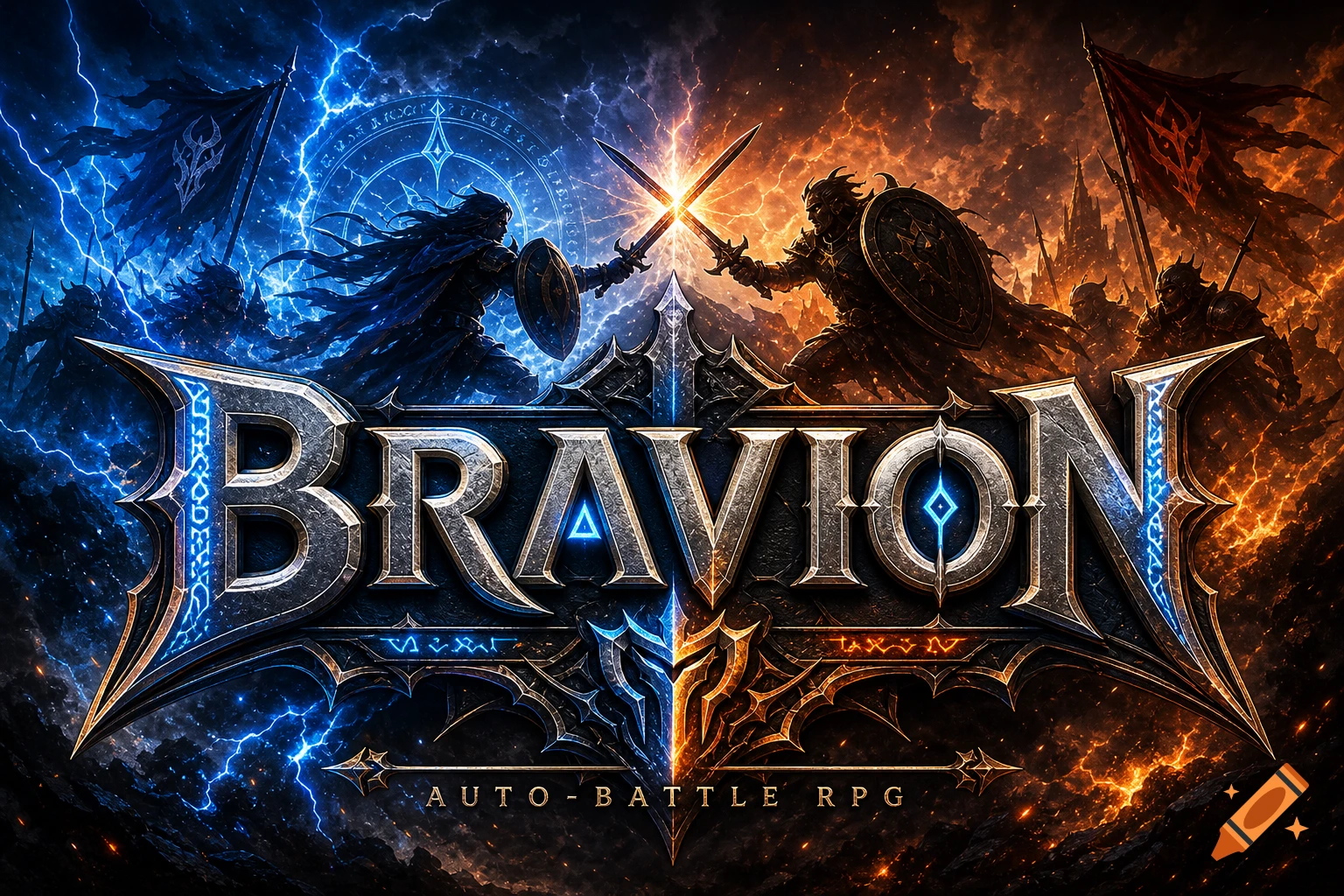 A dark fantasy game logo for 'BRAVION AUTO-BATTLE RPG' with two warriors clashing swords amidst blue lightning and orange fire.