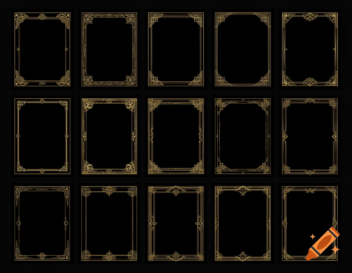 Fifteen unique gold ornamental borders with Art Deco and geometric patterns on a black background.