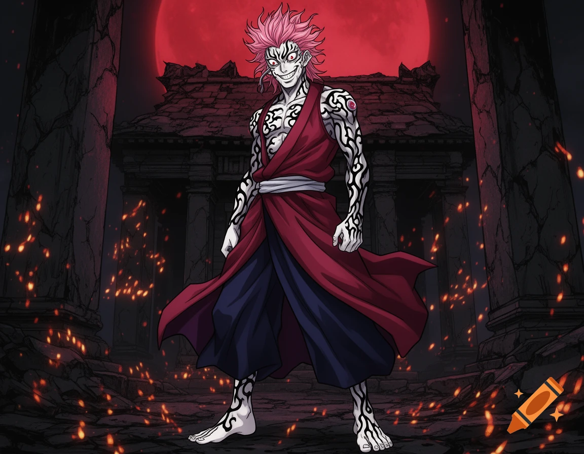 A male anime character with pink spiky hair, red eyes, and tribal tattoos, wearing a red kimono, stands in dark ruins under a blood-red moon.