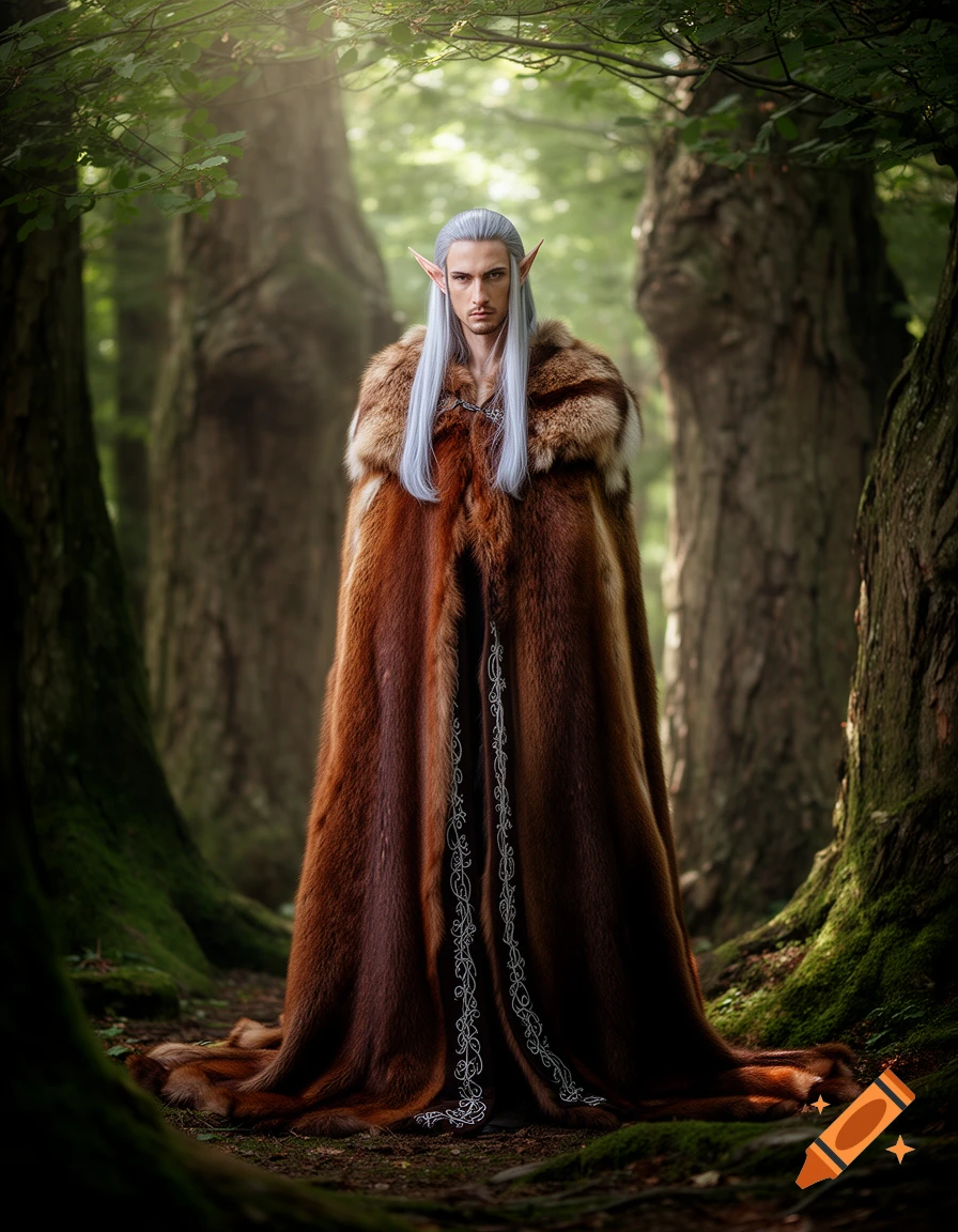 A male elf with long silver hair and pointed ears stands in a sunlit forest, wearing a luxurious, long brown fur coat with silver patterns.