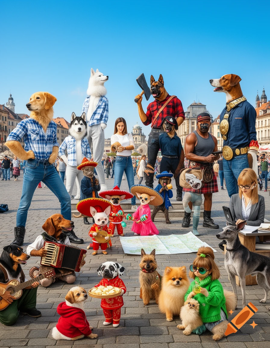 A busy outdoor plaza filled with anthropomorphic dogs and two human women. The dogs are dressed in various outfits, some playing musical instruments, others holding props, in a vibrant, photorealistic style.