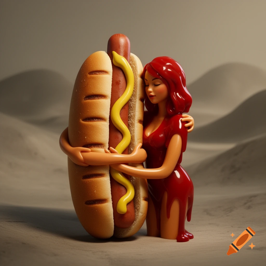 A stylized female figurine in a red, melting dress embraces a large hot dog with mustard, against a desolate background.