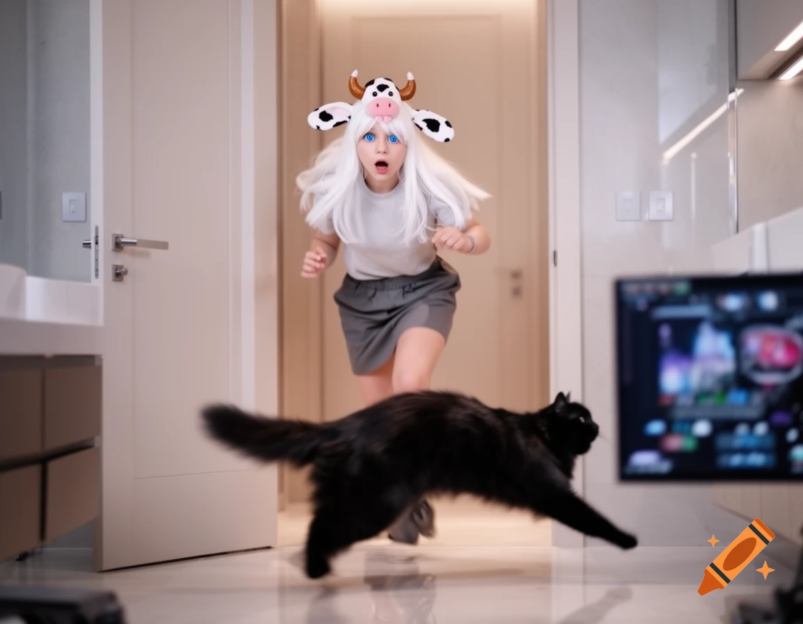 A girl with white hair and a cow hat runs through a hallway, wide-eyed and mouth open in surprise, as she appears to trip over a blurry black cat.