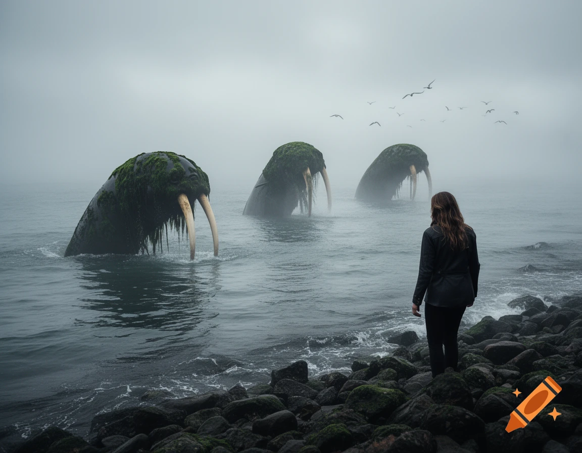A lone person stands on a rocky shore, looking out at three massive, moss-covered, tusked creatures in a foggy, gray sea with birds.
