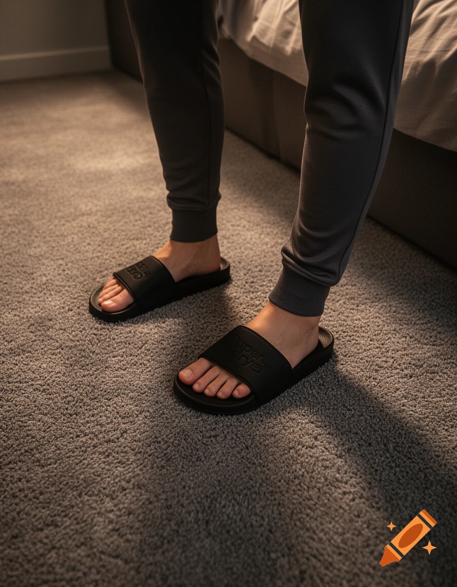 Close-up of a person's feet in black Superdry sliders on a grey carpet, wearing dark grey pajama pants.