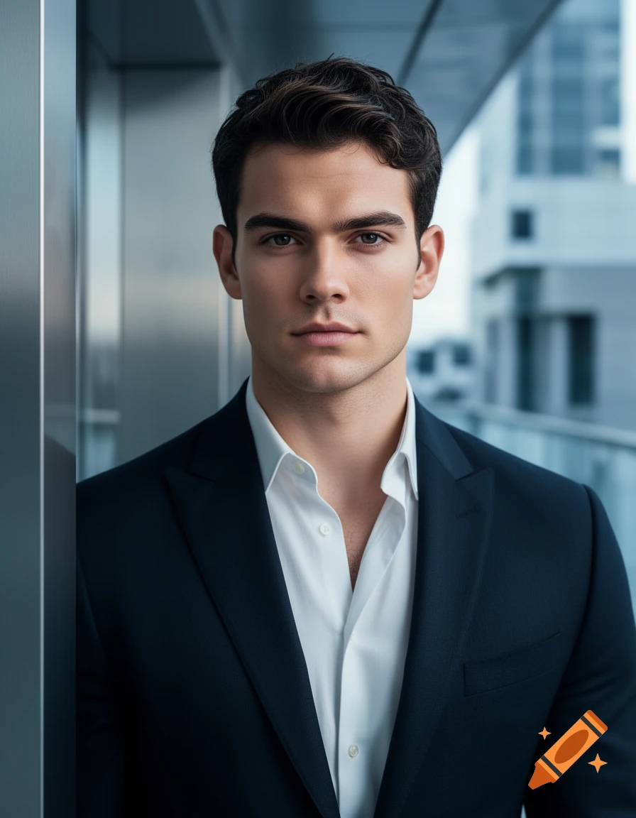 A photorealistic portrait of a handsome young man in a dark suit and white open-collar shirt, standing in a modern office environment.