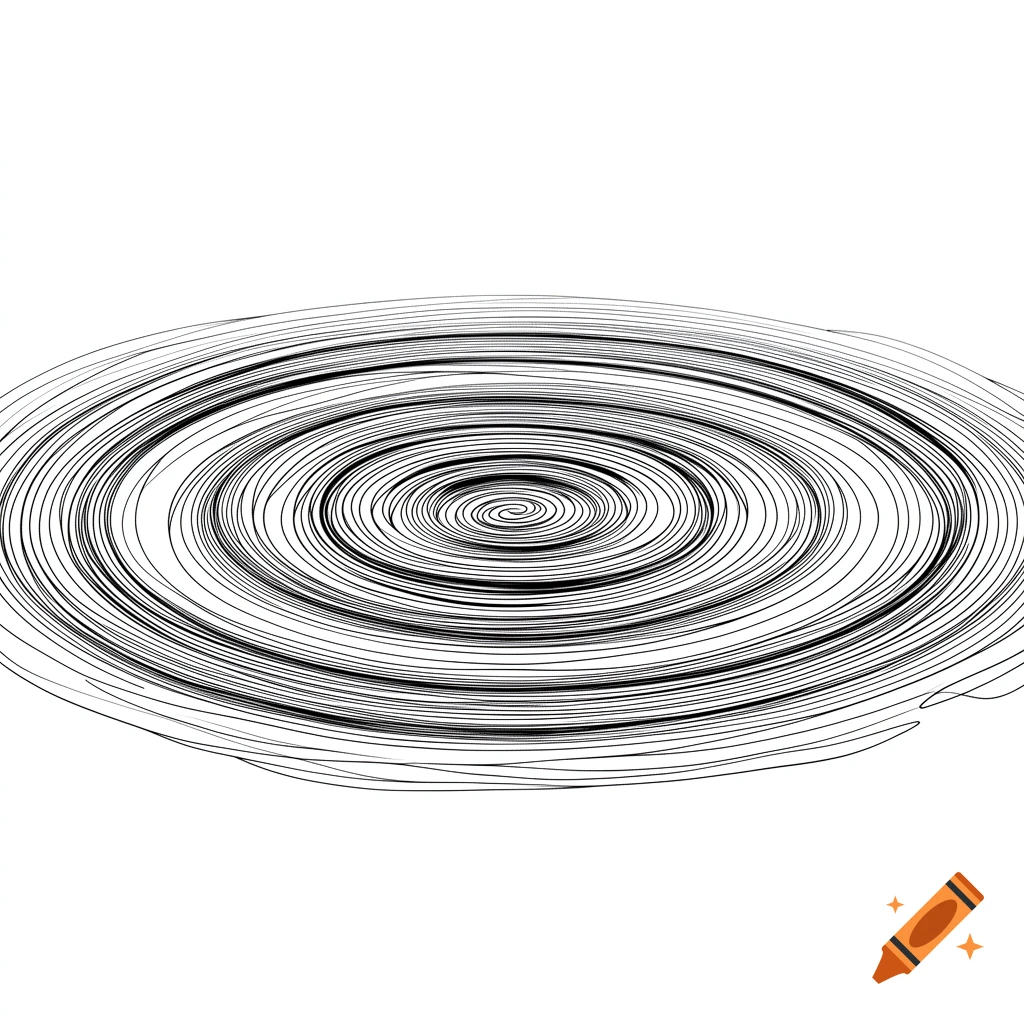 Black and white continuous line art depicting concentric ripples, resembling a vortex, on a white background.