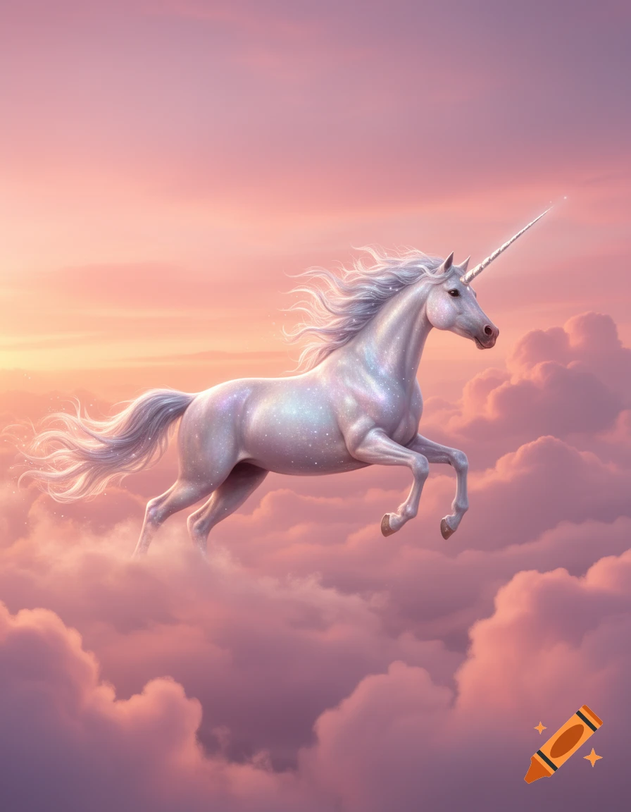 A shimmering white unicorn with a long horn and flowing mane gallops gracefully through a pastel pink and orange cloudy sky.