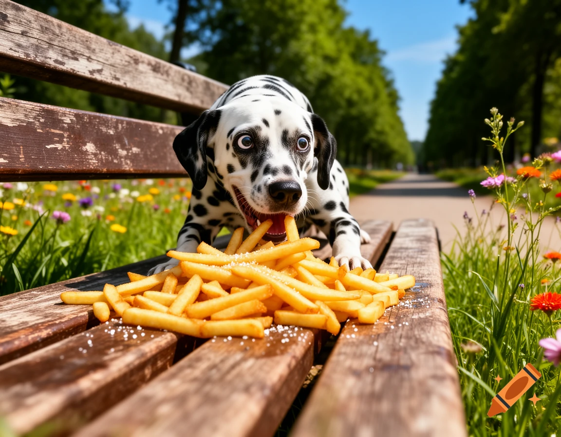 A dalmatian dog with wide eyes greedily eating a pile of french fries on a wooden park bench in a sunny outdoor setting.