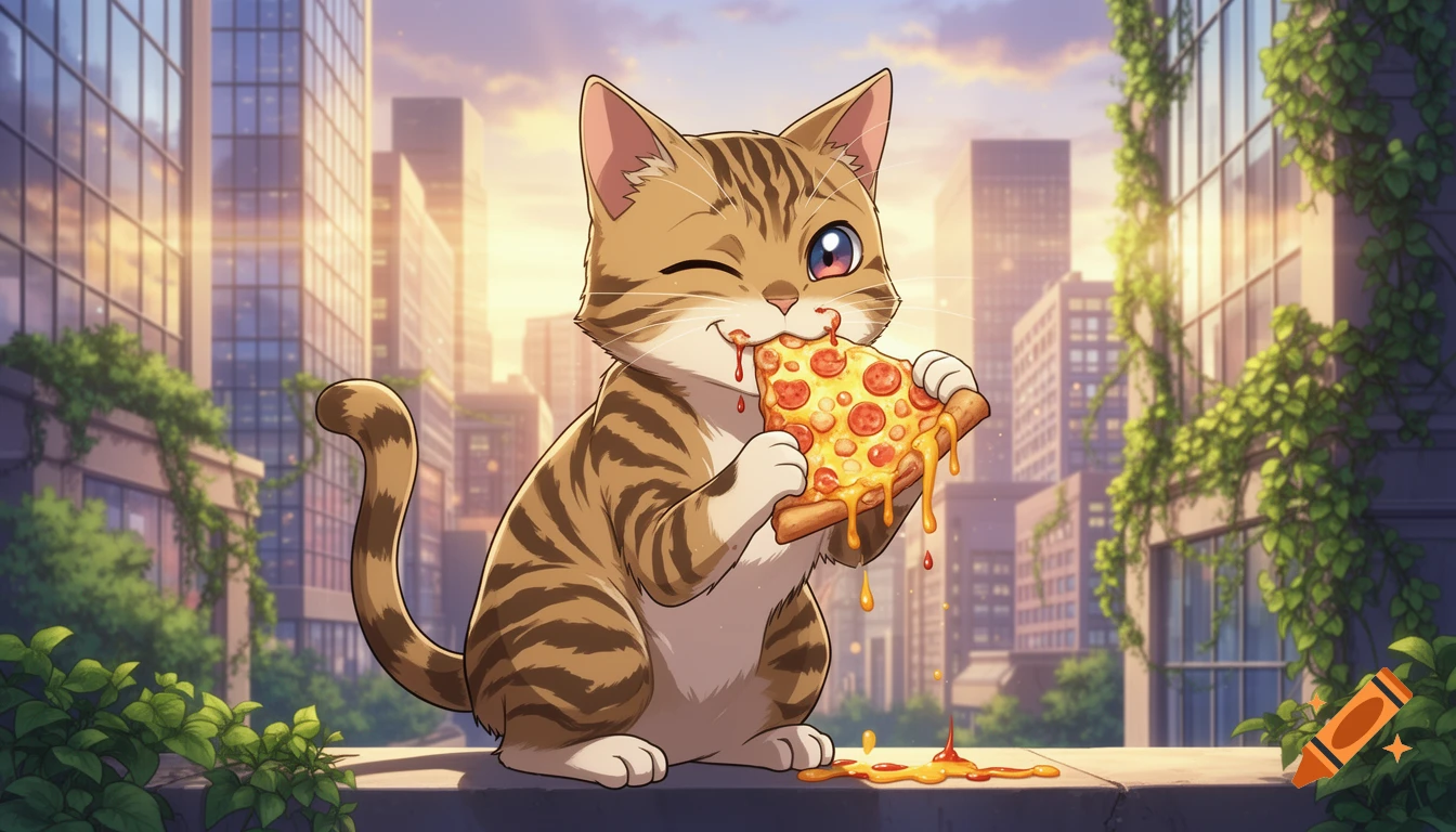 A cute, winking cartoon cat happily eats a cheesy pepperoni pizza slice, sitting on a city ledge at sunset in anime style.