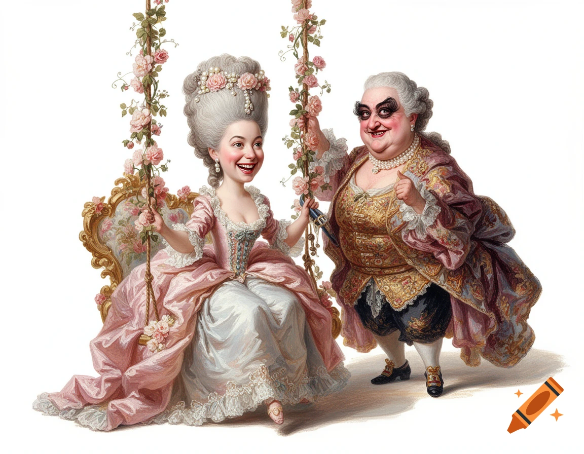 A cute Rococo-style caricature woman on a floral swing smiles at an older, evil-looking chubby woman. Oil painting on white.