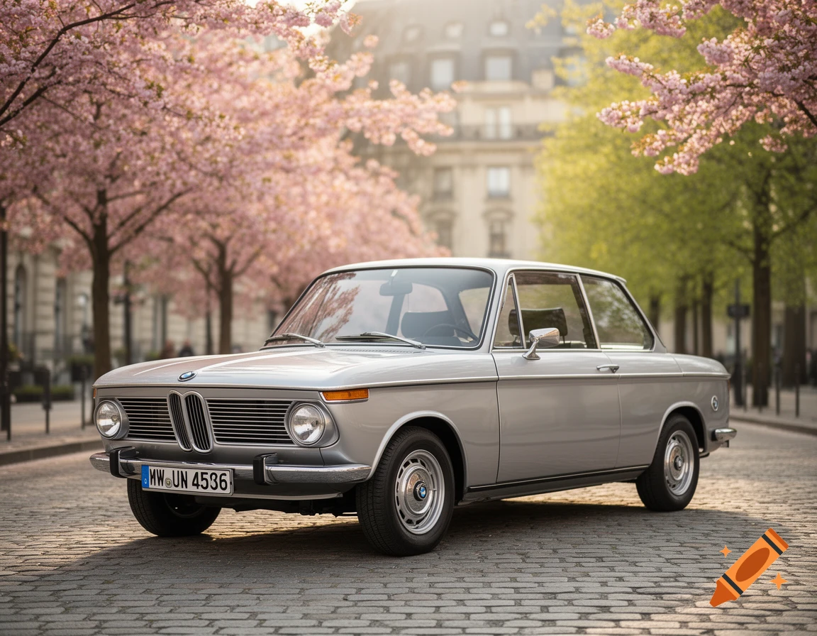 A photorealistic image of a vintage silver BMW 2002 parked on a cobblestone street lined with pink cherry blossom trees.