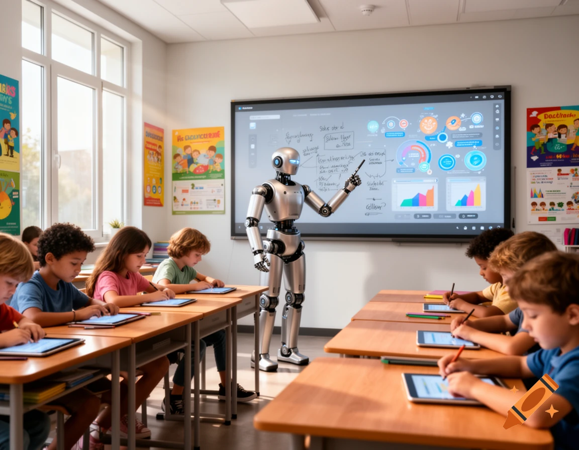 A robot teacher stands at a large interactive whiteboard, instructing a classroom of diverse children who are focused on tablets at their desks.