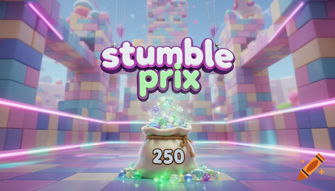 A 3D rendering of 'stumble prix' title above a bag of glowing gems with '250' in a colorful block-world game setting with neon lights.