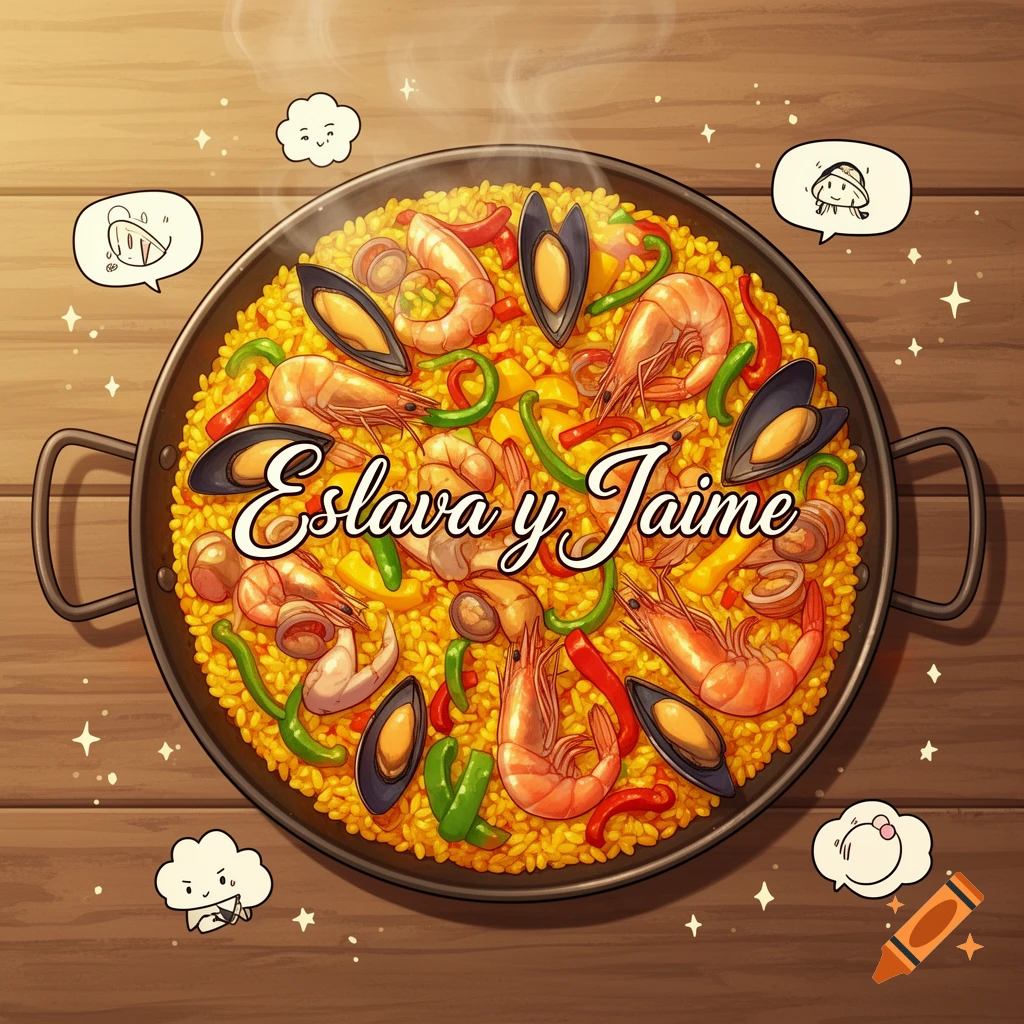 Anime-style paella with shrimp, mussels, and vegetables, featuring the text 'Eslava y Jaime' on a wooden table.