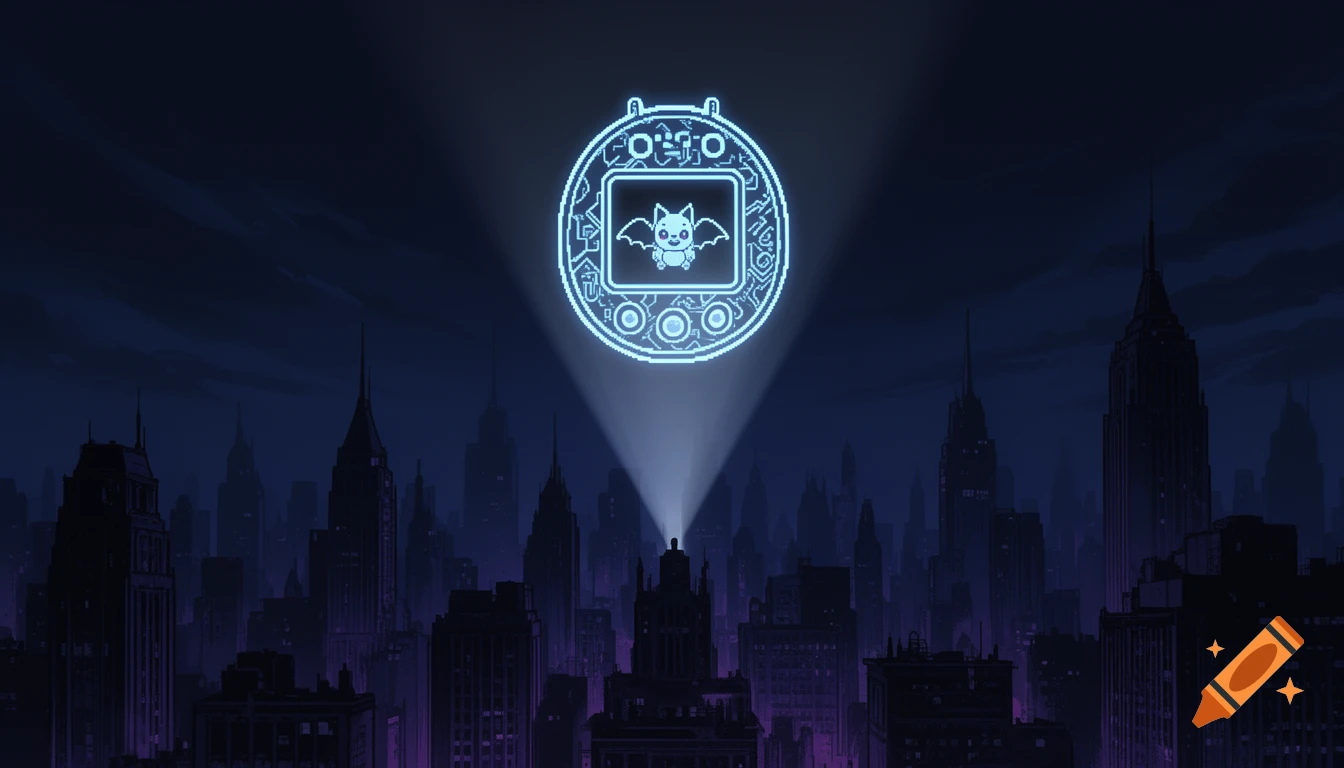 A comic book-style night cityscape with a blue searchlight projecting a glowing Tamagotchi symbol featuring a pixelated bat.