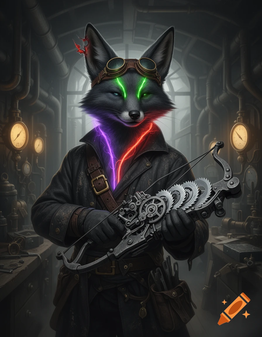 An anthropomorphic black fox in steampunk attire and goggles holds a mechanical rotary crossbow, with glowing green, purple, and red energy lines on its face and chest, in a moody workshop.