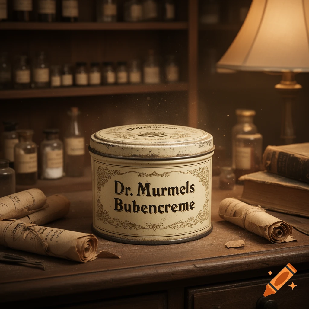 A vintage tin of "Dr. Murmels Bubencreme" on a wooden desk with old scrolls, bottles, and books in a dimly lit, photorealistic apothecary setting.
