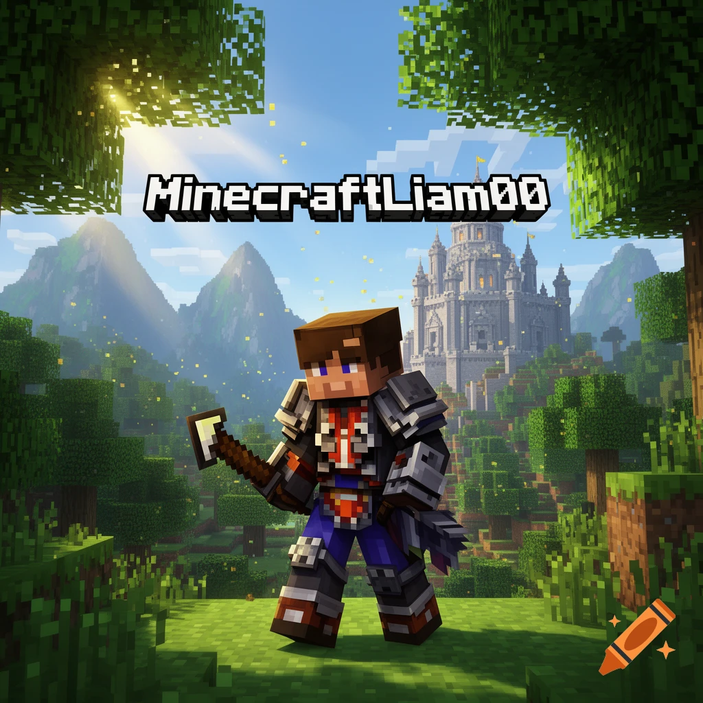 A Minecraft character in armor holds an axe in a blocky fantasy forest with a castle and mountains, under text 'MinecraftLiam00'.