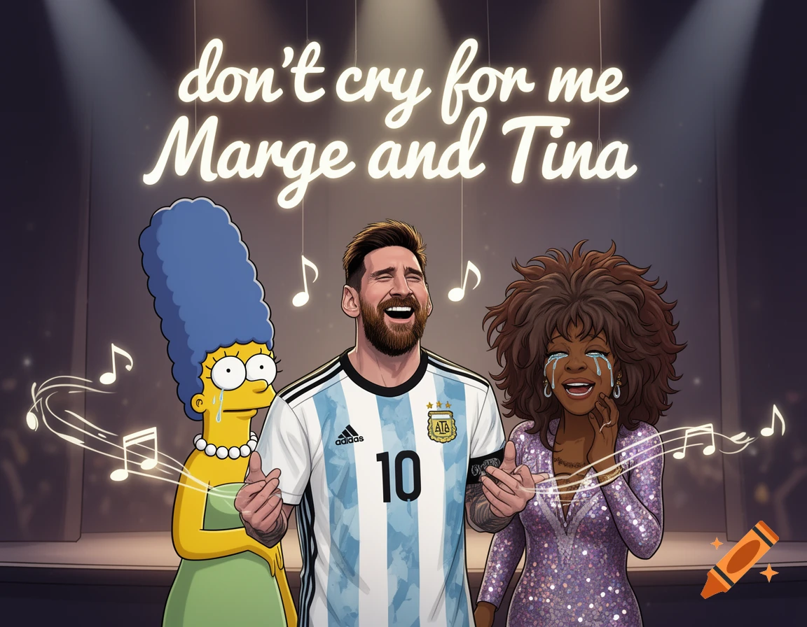 Cartoon Lionel Messi sings on stage to crying Marge Simpson and Tina Turner. Text above reads: 'don't cry for me Marge and Tina'.