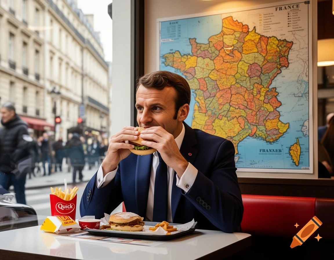 Emmanuel Macron eating a burger and fries at a Quick fast-food restaurant, with a colorful map of France on the wall behind him.