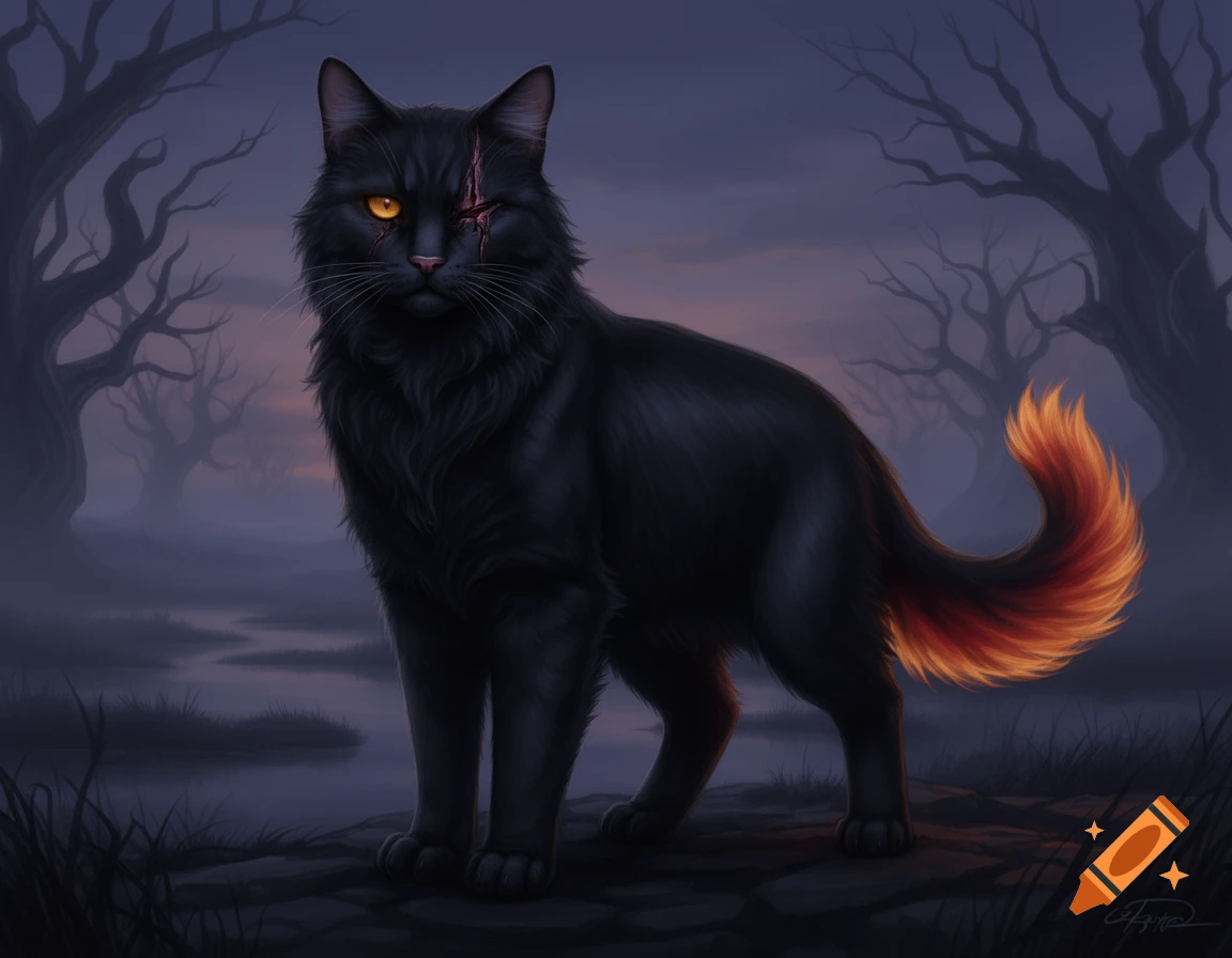 A majestic black cat with a facial scar and a fiery orange tail stands in a misty, dark moor with twisted trees under a twilight sky in a digital painting.