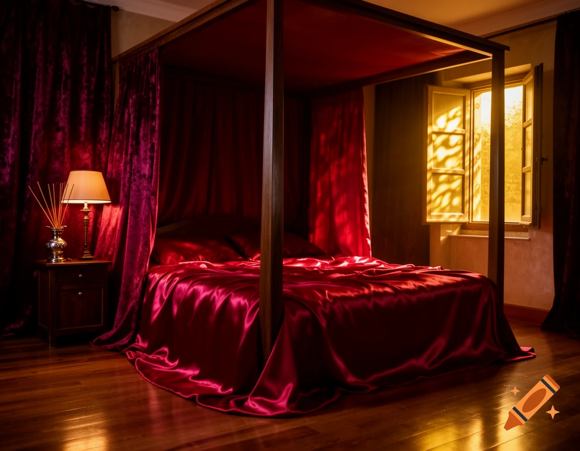 Luxurious four-poster bed with red velvet drapes and satin sheets in a warmly lit bedroom.