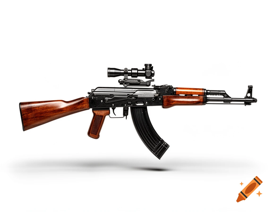 A photorealistic AK-47 rifle with a scope, featuring a brown wooden stock and black metal barrel, on a white background.
