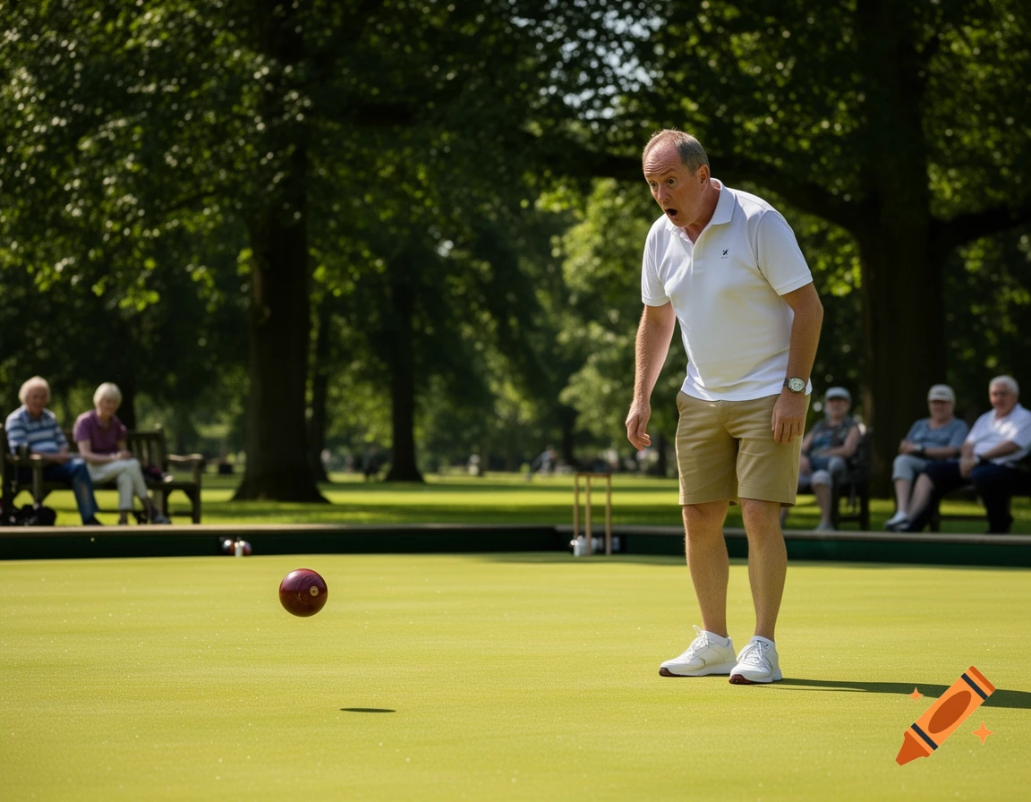 A surprised man watches a lawn bowl floating above a green bowling pitch in a sunny park.