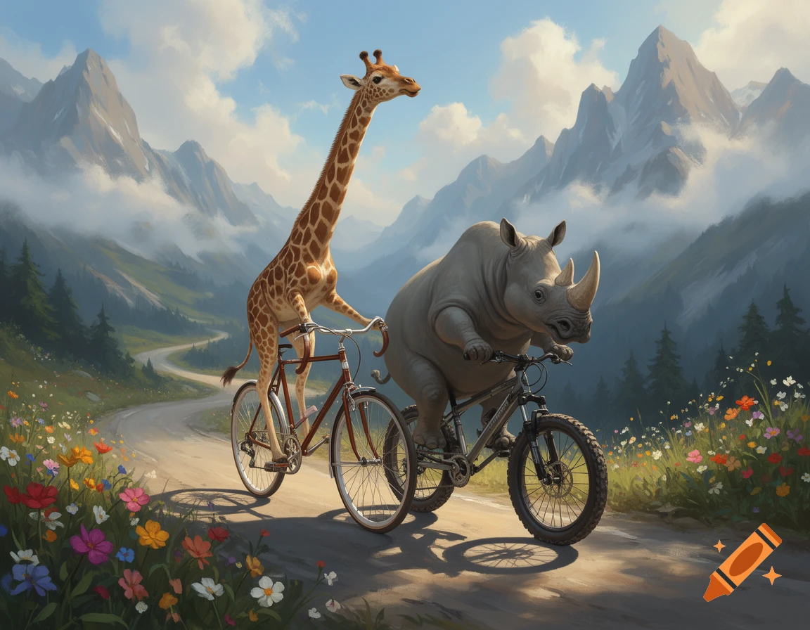 A whimsical illustration shows a giraffe and a rhinoceros riding bikes on a mountain road with wildflowers.