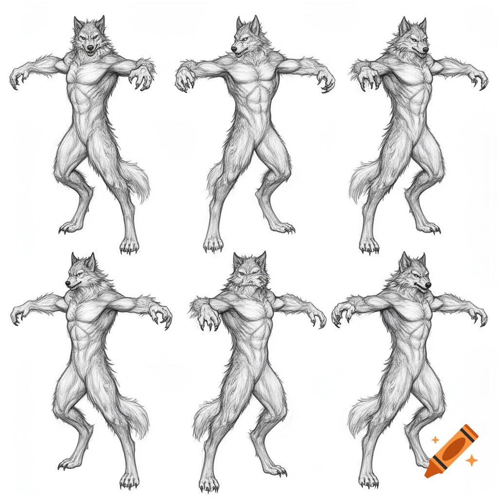Six grayscale sketches of werewolves in T-poses on a white background.