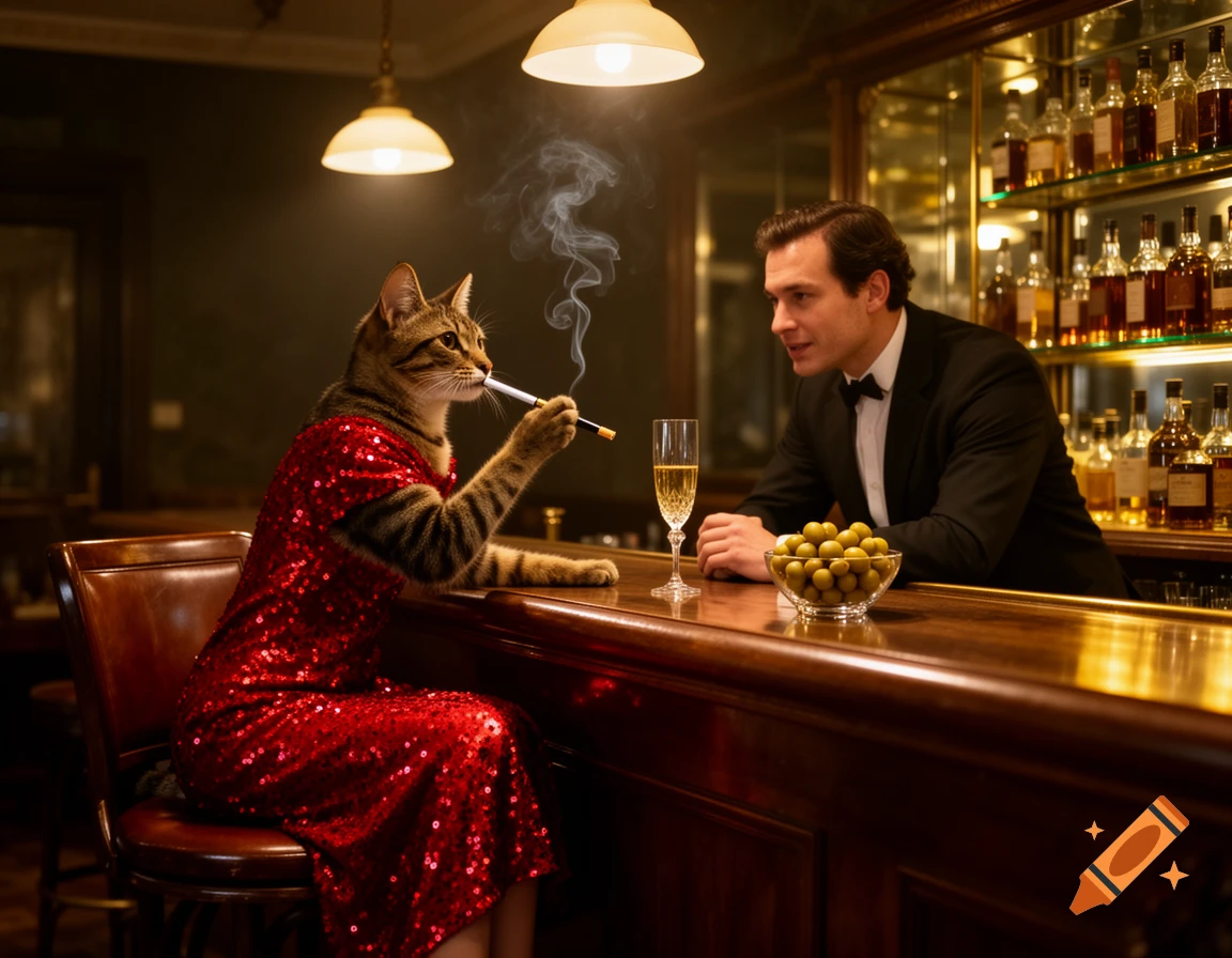 A photorealistic anthropomorphic tabby cat in a red sequin dress smokes a cigarette at a bar, talking to a male bartender.