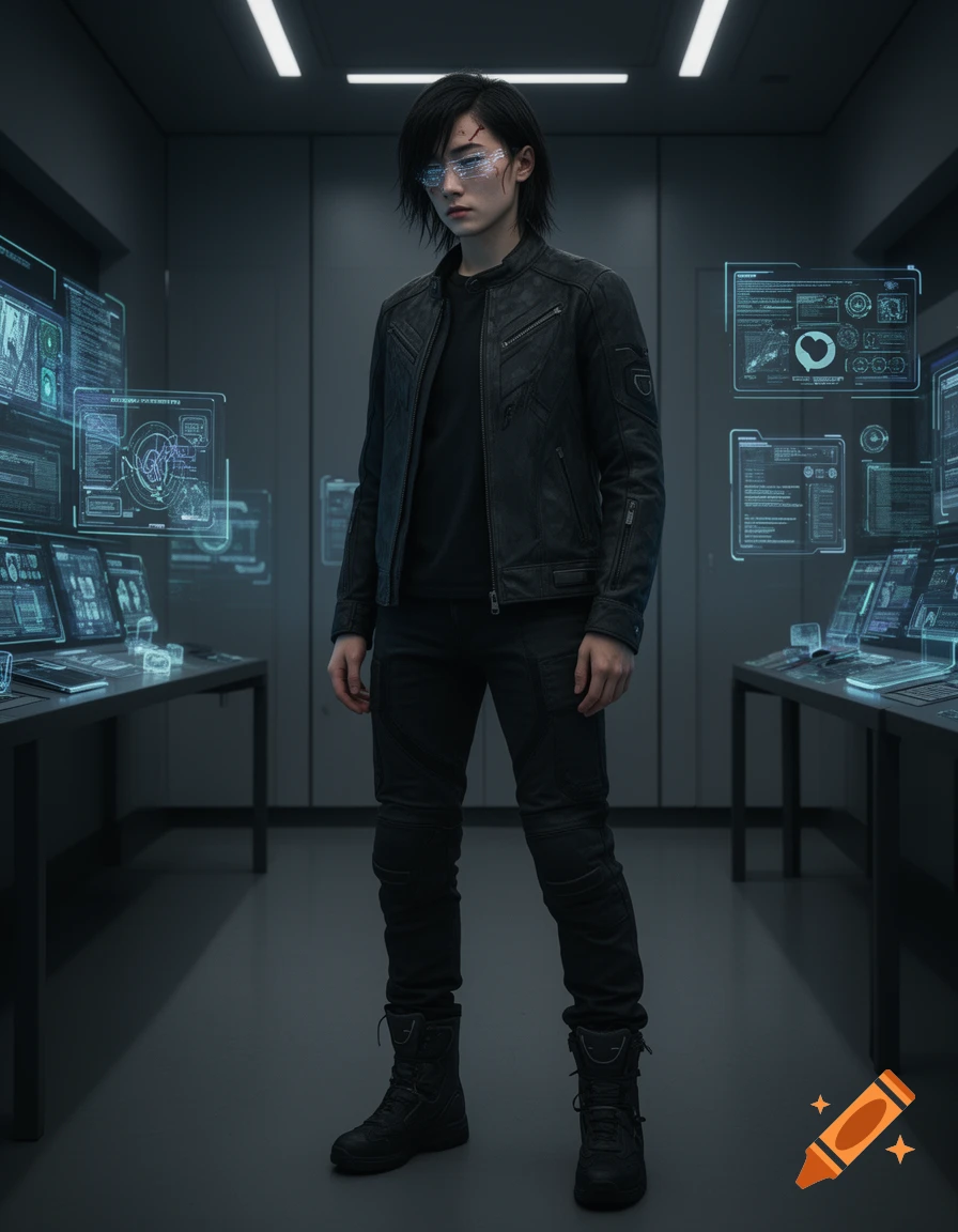 A cyber-hacker in a black leather jacket and combat boots stands amidst holographic screens displaying data in a dark, high-tech room.